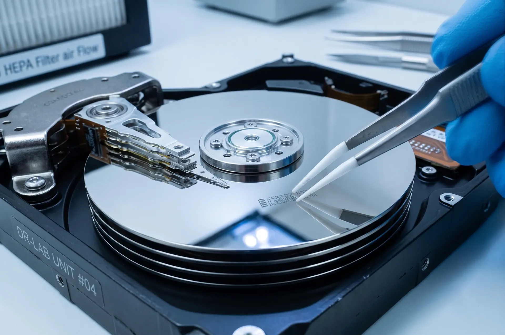 An opened hard drive under tweezers, the stacked platters and read arm exposed on a clean bench
