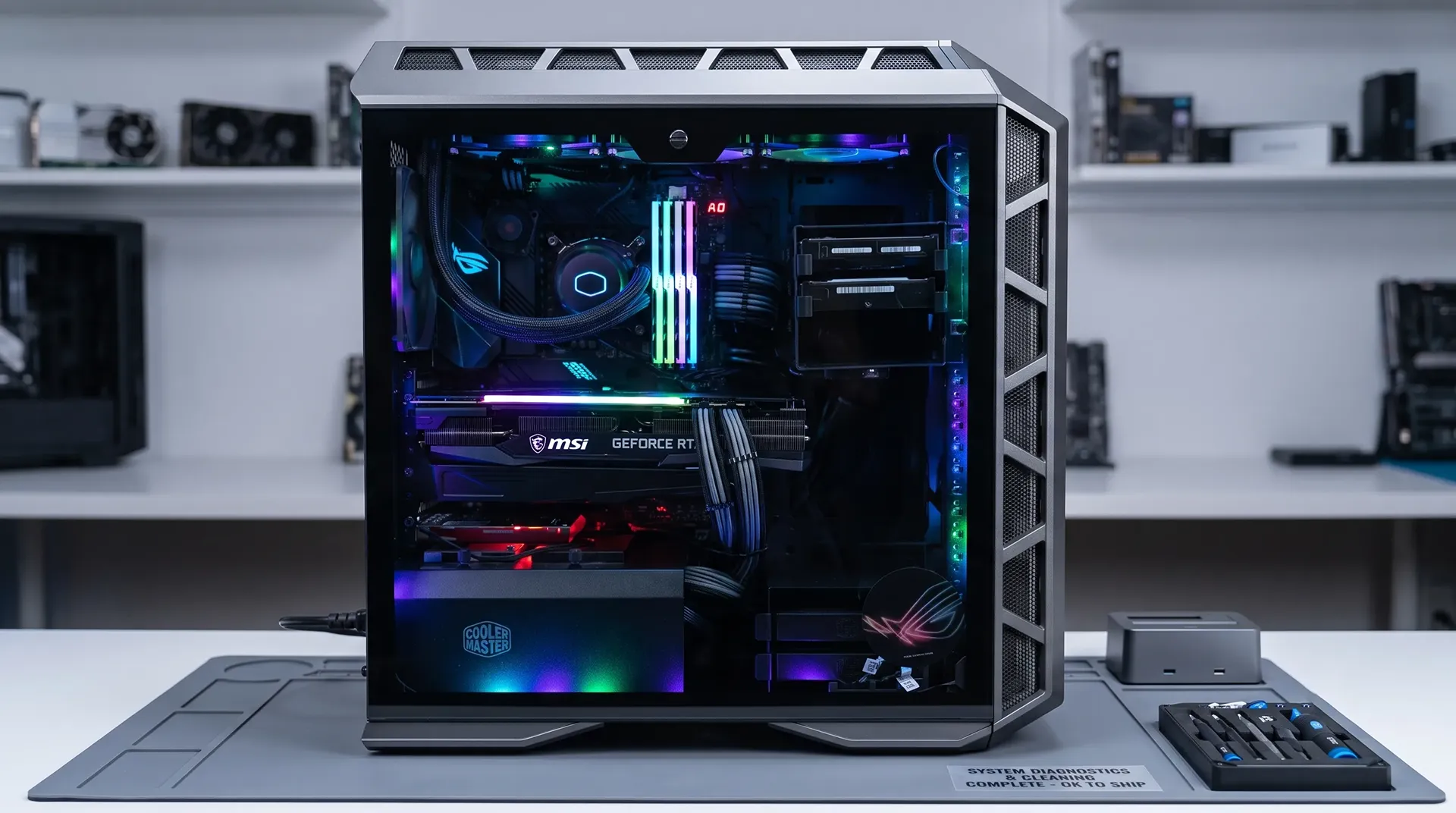 A glass-sided tower PC on a workbench, lit inside by RGB fans, memory and a graphics card