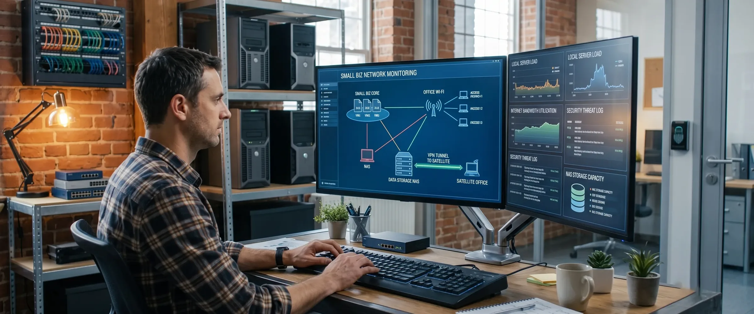 A technician at a two-monitor desk running small-business network monitoring, with a patch panel and servers on shelves behind him