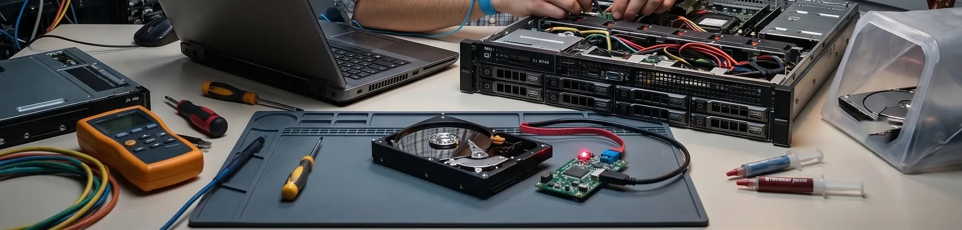 Coiled network cabling, an open rack-mount server with its wiring exposed, a hard drive on an anti-static mat, a laptop, and hand tools laid out on a workbench