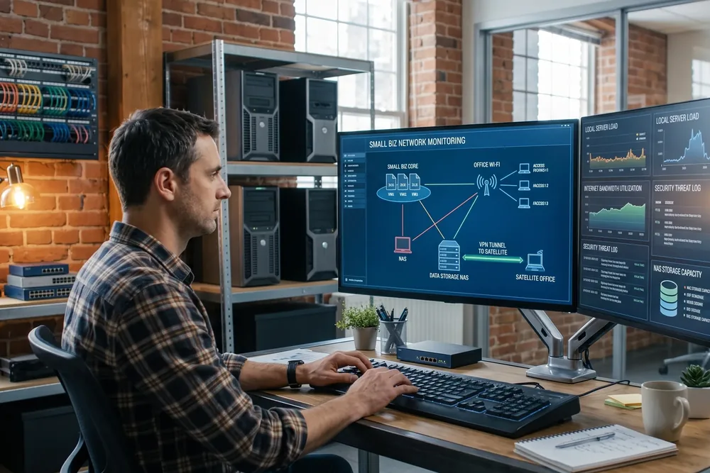Network monitoring on a small business server setup, shown across two desk screens with a patch panel behind